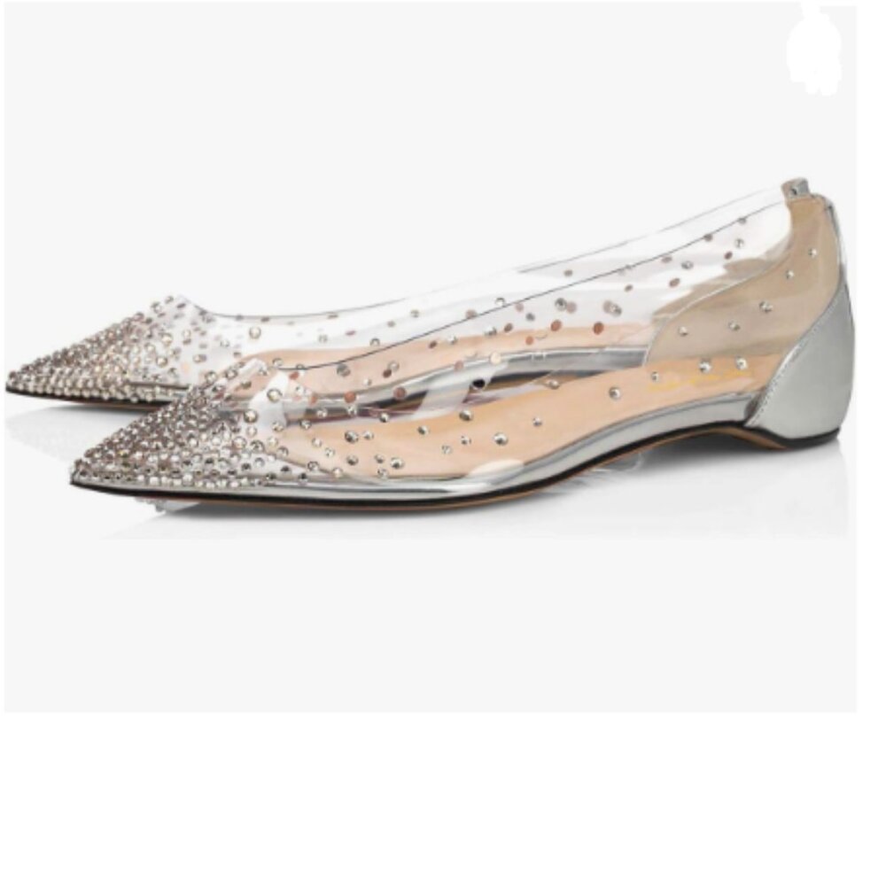 XYD Silver-clear Rhinestones Ballet Flats Rivets Hidden Heels Slip On Shoes